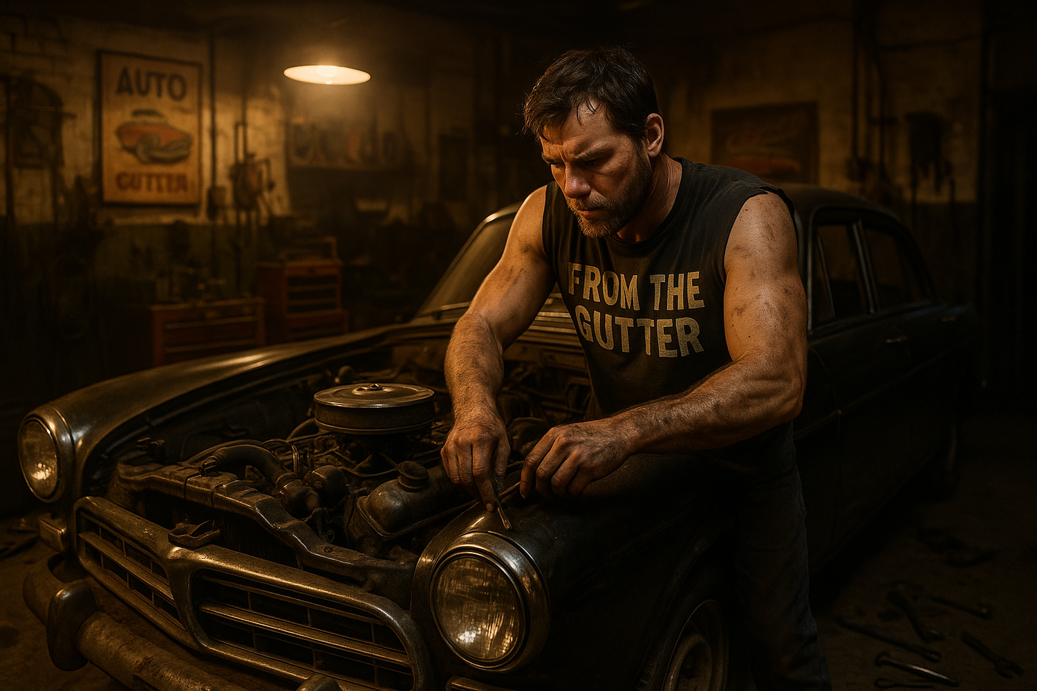 Guy working on car in a garage with a cutoff that says from the gutter
